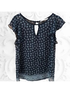 Flutter Sleeved Sheer Blouse In Black With White Detail Size Small